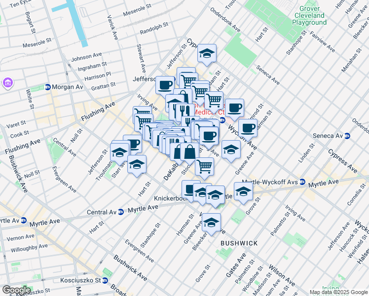 map of restaurants, bars, coffee shops, grocery stores, and more near 1535 Dekalb Avenue in Brooklyn