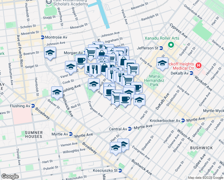 map of restaurants, bars, coffee shops, grocery stores, and more near 263 Melrose Street in Brooklyn