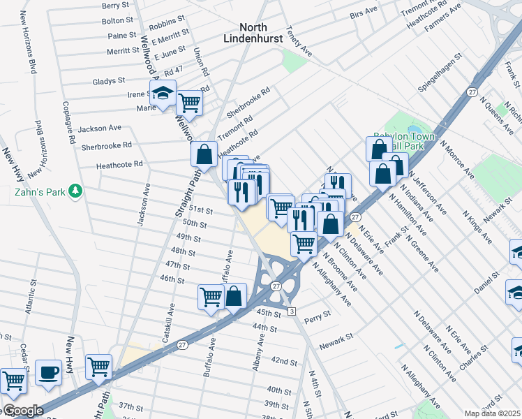 map of restaurants, bars, coffee shops, grocery stores, and more near 1020 North Broome Avenue in Lindenhurst