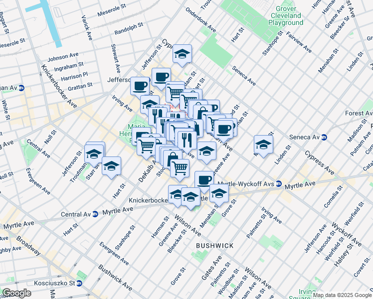 map of restaurants, bars, coffee shops, grocery stores, and more near 281 Stockholm Street in Brooklyn