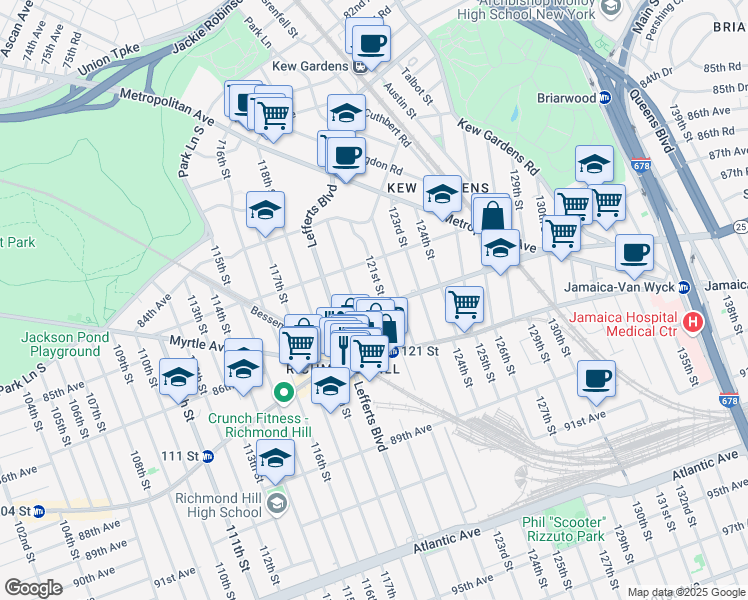 map of restaurants, bars, coffee shops, grocery stores, and more near 120-21 Hillside Avenue in Queens