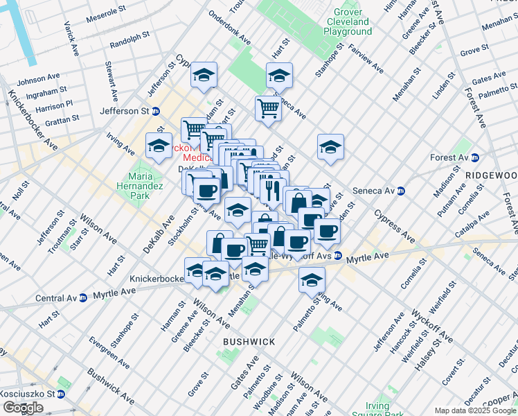 map of restaurants, bars, coffee shops, grocery stores, and more near 179 Wyckoff Avenue in Brooklyn