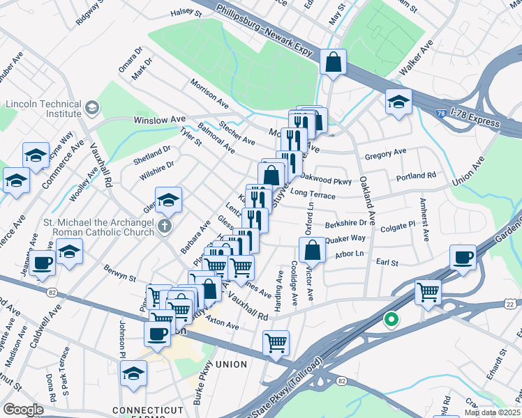 map of restaurants, bars, coffee shops, grocery stores, and more near 2007 Kay Avenue in Union
