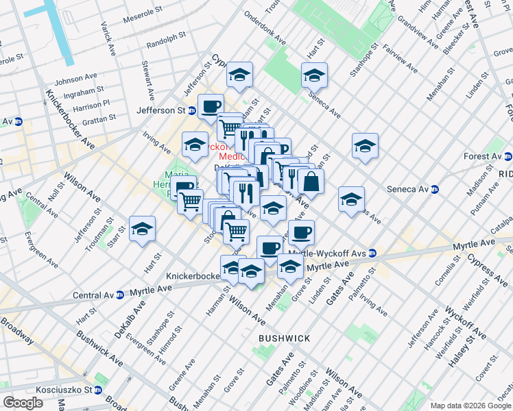 map of restaurants, bars, coffee shops, grocery stores, and more near 284 Stanhope Street in Brooklyn