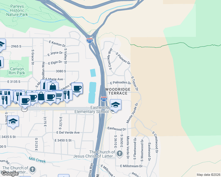 map of restaurants, bars, coffee shops, grocery stores, and more near 3581 East Yosemite Drive in Salt Lake City