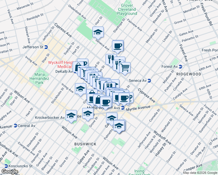 map of restaurants, bars, coffee shops, grocery stores, and more near 397 Bleecker Street in Brooklyn