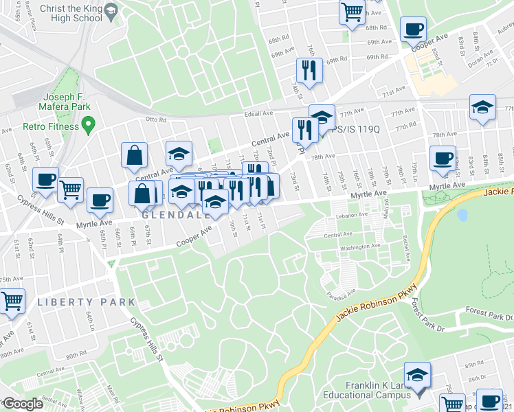 map of restaurants, bars, coffee shops, grocery stores, and more near Myrtle Avenue in Queens