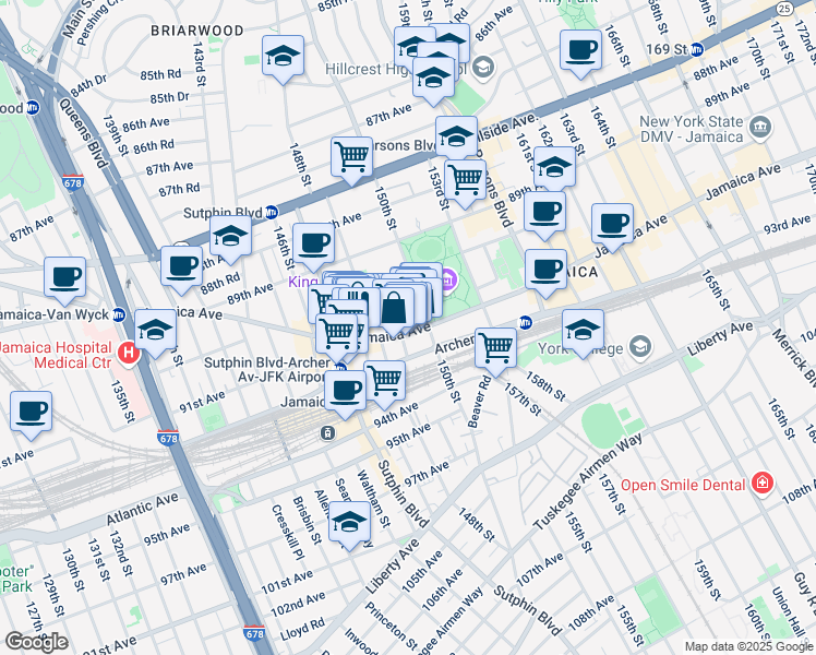 map of restaurants, bars, coffee shops, grocery stores, and more near 148-27 Jamaica Avenue in Queens