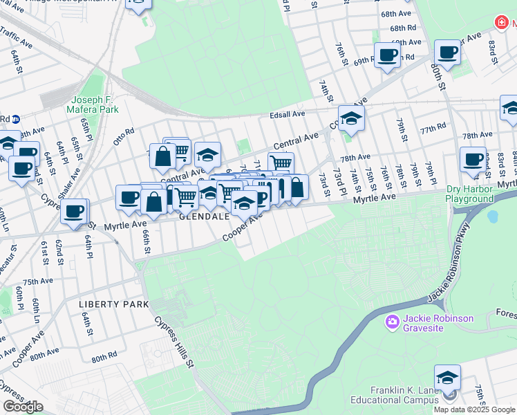map of restaurants, bars, coffee shops, grocery stores, and more near 71-69 70th Street in Queens
