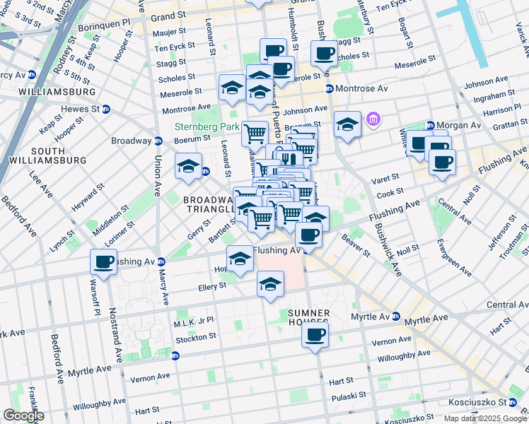 map of restaurants, bars, coffee shops, grocery stores, and more near 10 Manhattan Avenue in Brooklyn