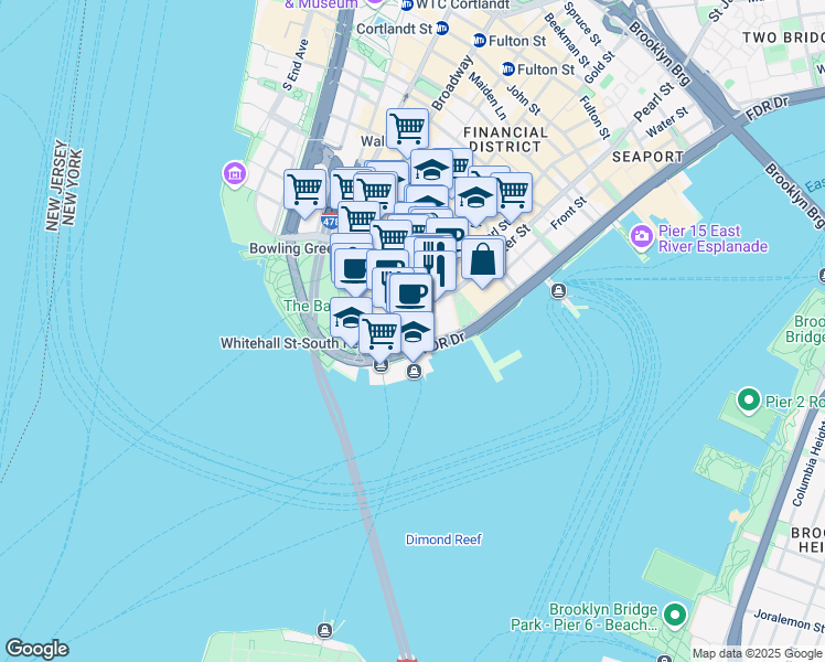 map of restaurants, bars, coffee shops, grocery stores, and more near 1 New York Plaza in New York