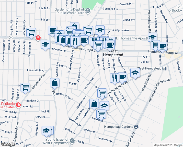 map of restaurants, bars, coffee shops, grocery stores, and more near 335 Garfield Avenue in West Hempstead