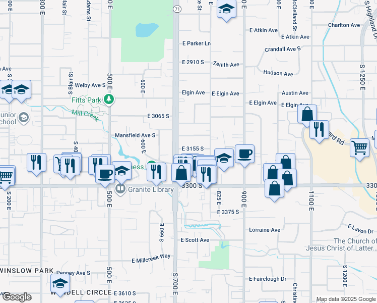 map of restaurants, bars, coffee shops, grocery stores, and more near 736 East 3155 South in Millcreek