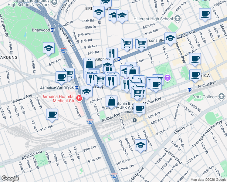 map of restaurants, bars, coffee shops, grocery stores, and more near 144-02 Jamaica Avenue in Queens
