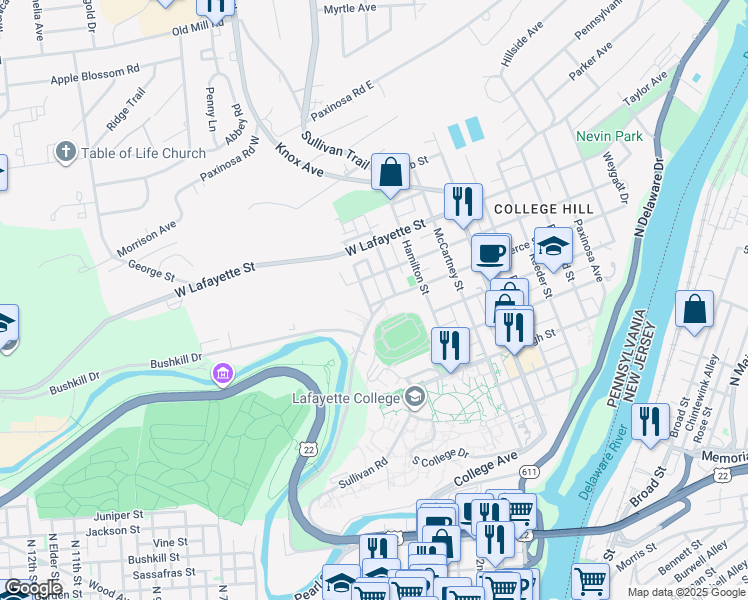 map of restaurants, bars, coffee shops, grocery stores, and more near 620 Coleman Street in Easton