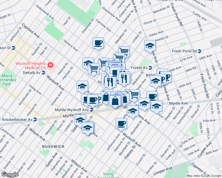 map of restaurants, bars, coffee shops, grocery stores, and more near 1709 Palmetto Street in Queens