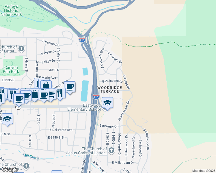 map of restaurants, bars, coffee shops, grocery stores, and more near 3594 East Palisades Drive in Salt Lake City