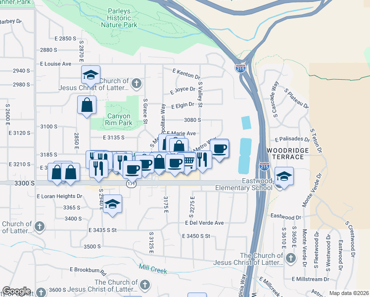 map of restaurants, bars, coffee shops, grocery stores, and more near 3221 East Margie Avenue in Salt Lake City