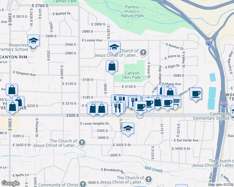 map of restaurants, bars, coffee shops, grocery stores, and more near 3139 South 2900 East in Salt Lake City