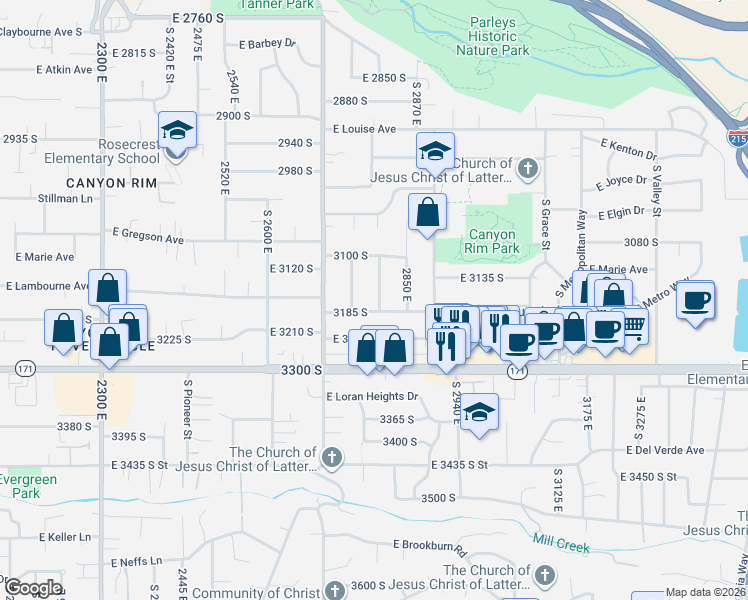 map of restaurants, bars, coffee shops, grocery stores, and more near 3150 South 2800 East Street in Salt Lake City