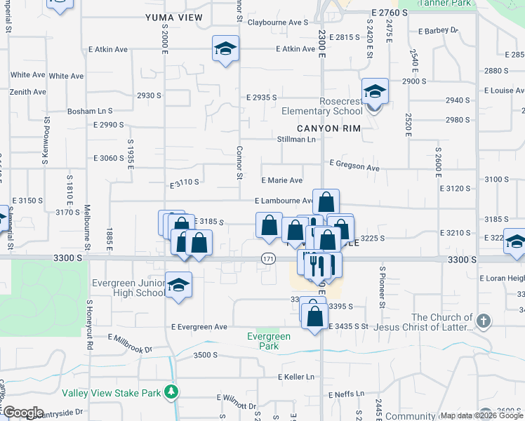map of restaurants, bars, coffee shops, grocery stores, and more near 2184 East Lambourne Avenue in Salt Lake City