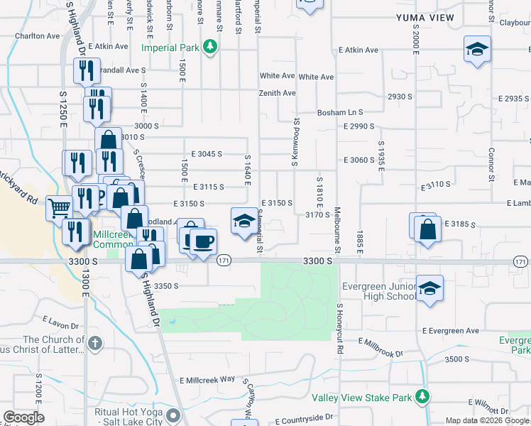 map of restaurants, bars, coffee shops, grocery stores, and more near 1716 East 3150 South in Salt Lake City