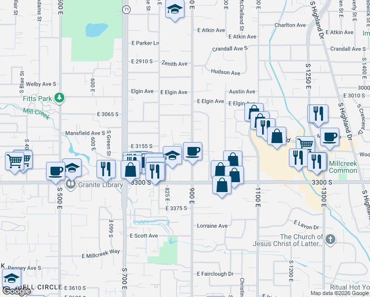 map of restaurants, bars, coffee shops, grocery stores, and more near in Millcreek
