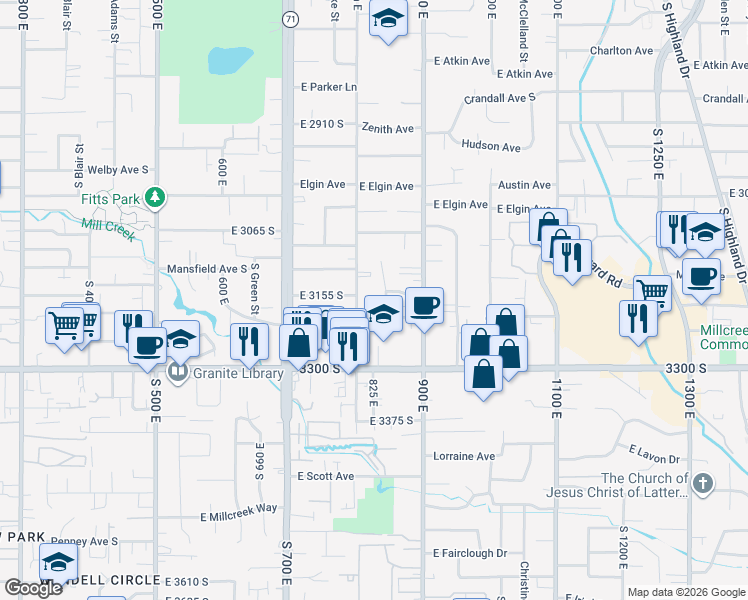 map of restaurants, bars, coffee shops, grocery stores, and more near 3147 South Dorie Street in Millcreek