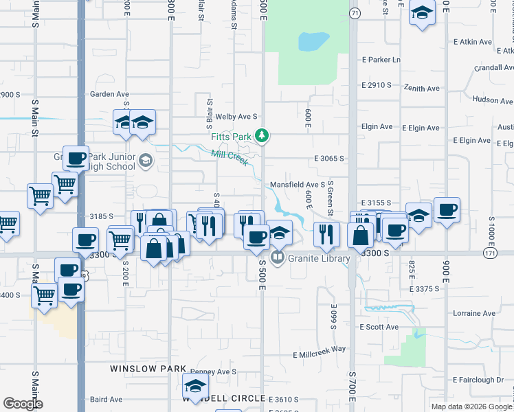 map of restaurants, bars, coffee shops, grocery stores, and more near 474 East Lambourne Avenue in South Salt Lake
