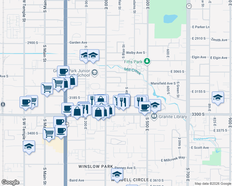 map of restaurants, bars, coffee shops, grocery stores, and more near 327 East Lambourne Avenue in South Salt Lake