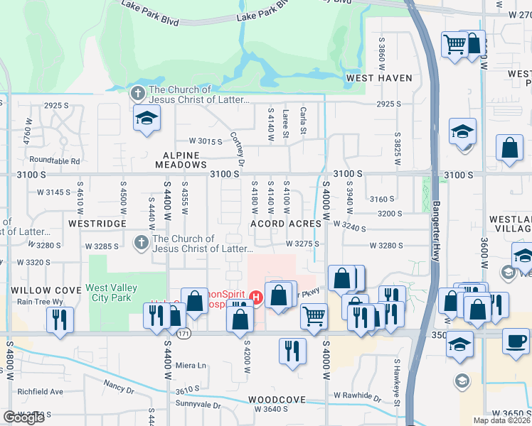 map of restaurants, bars, coffee shops, grocery stores, and more near 3170 South 4140 West in West Valley City