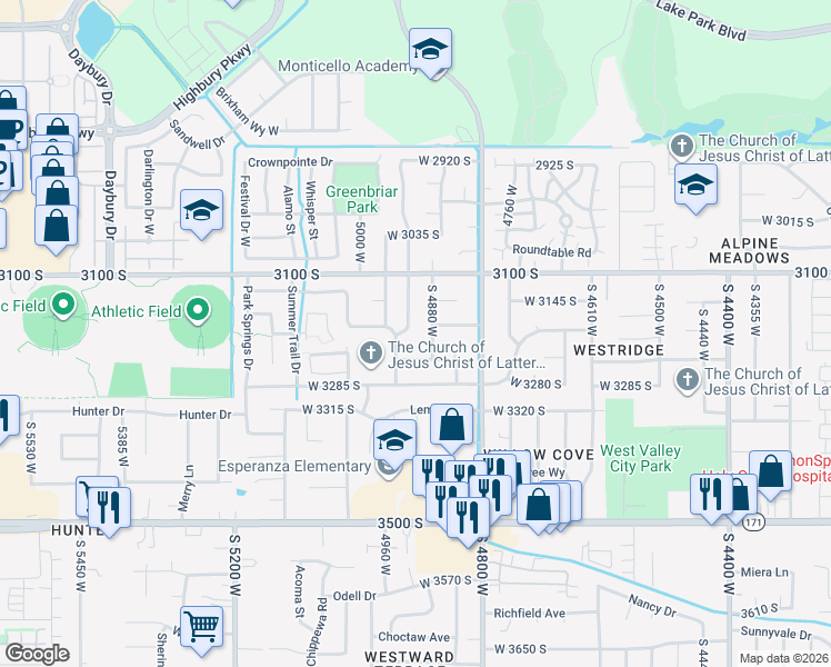 map of restaurants, bars, coffee shops, grocery stores, and more near 3172 South 4880 West in West Valley City