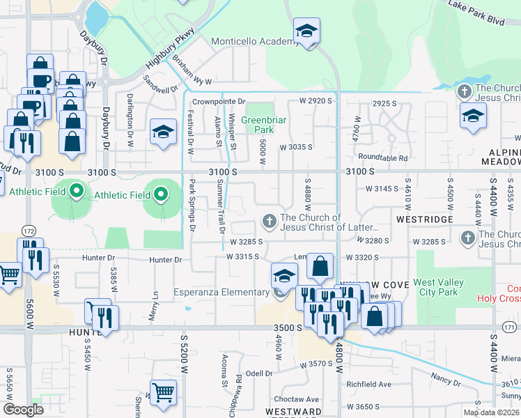 map of restaurants, bars, coffee shops, grocery stores, and more near 3176 Eagle Rock Way in West Valley City