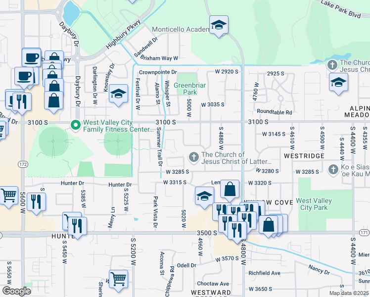 map of restaurants, bars, coffee shops, grocery stores, and more near 3176 Eagle Rock Way in West Valley City