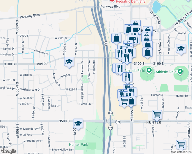 map of restaurants, bars, coffee shops, grocery stores, and more near 3177 Burdock Drive in Salt Lake City