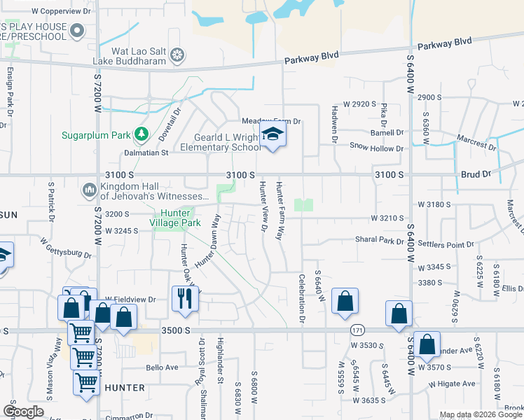 map of restaurants, bars, coffee shops, grocery stores, and more near 3164 Hunter View Drive in West Valley City