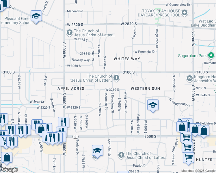 map of restaurants, bars, coffee shops, grocery stores, and more near 3174 South Broadway Street in Magna