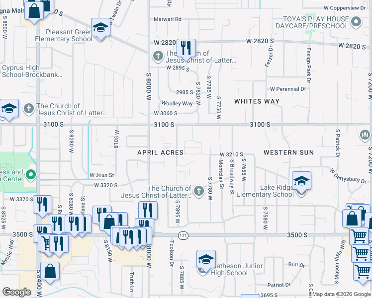 map of restaurants, bars, coffee shops, grocery stores, and more near 7843 Wooden Nickel Lane in Magna