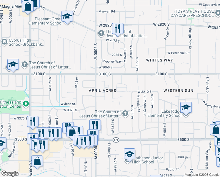 map of restaurants, bars, coffee shops, grocery stores, and more near 3186 7900 West in Magna