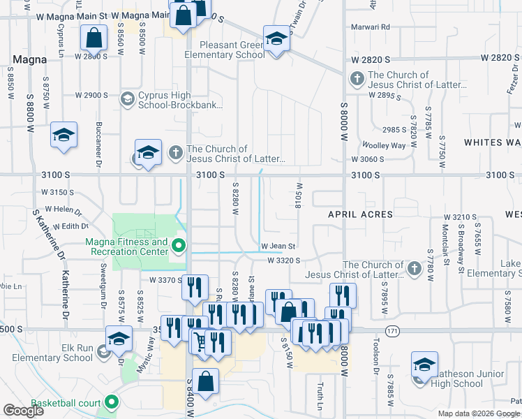 map of restaurants, bars, coffee shops, grocery stores, and more near 3170 Buena Verde Lane West in Magna