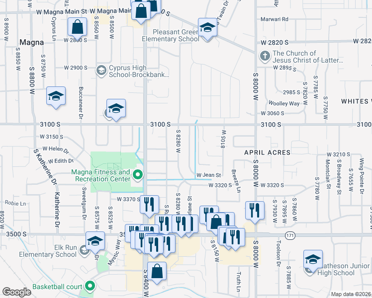 map of restaurants, bars, coffee shops, grocery stores, and more near 3170 South Breeze Drive in Magna