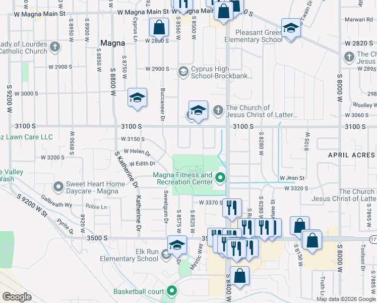 map of restaurants, bars, coffee shops, grocery stores, and more near 3162 South 8520 West Street in Magna