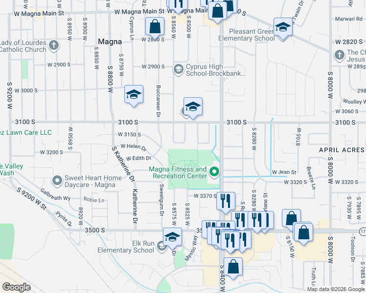 map of restaurants, bars, coffee shops, grocery stores, and more near 3162 South 8520 West Street in Magna
