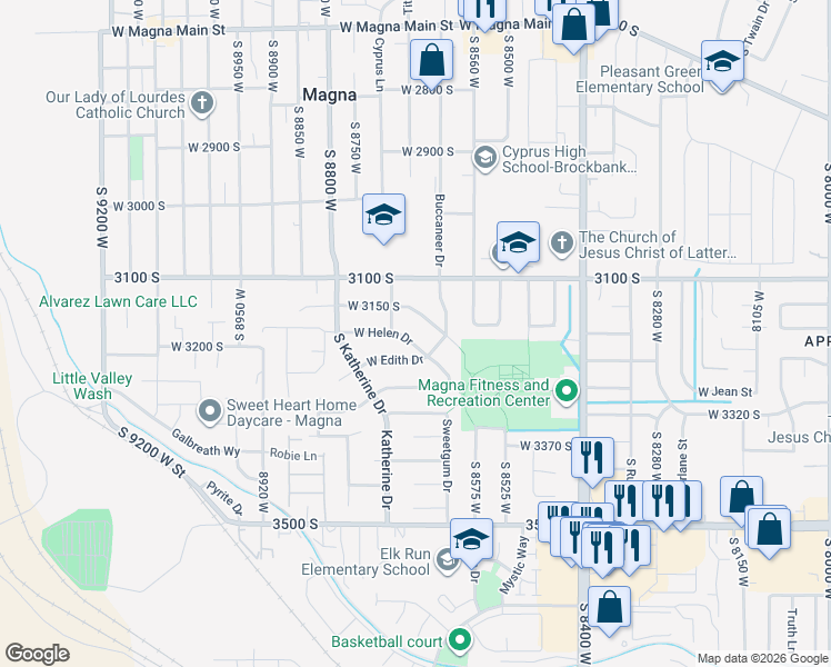 map of restaurants, bars, coffee shops, grocery stores, and more near 8661 West 3150 South in Magna