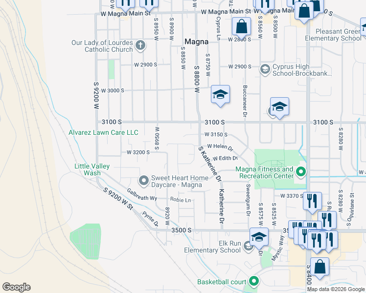 map of restaurants, bars, coffee shops, grocery stores, and more near 8846 Helen Drive in Magna