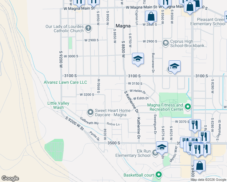 map of restaurants, bars, coffee shops, grocery stores, and more near 8846 Helen Drive in Magna