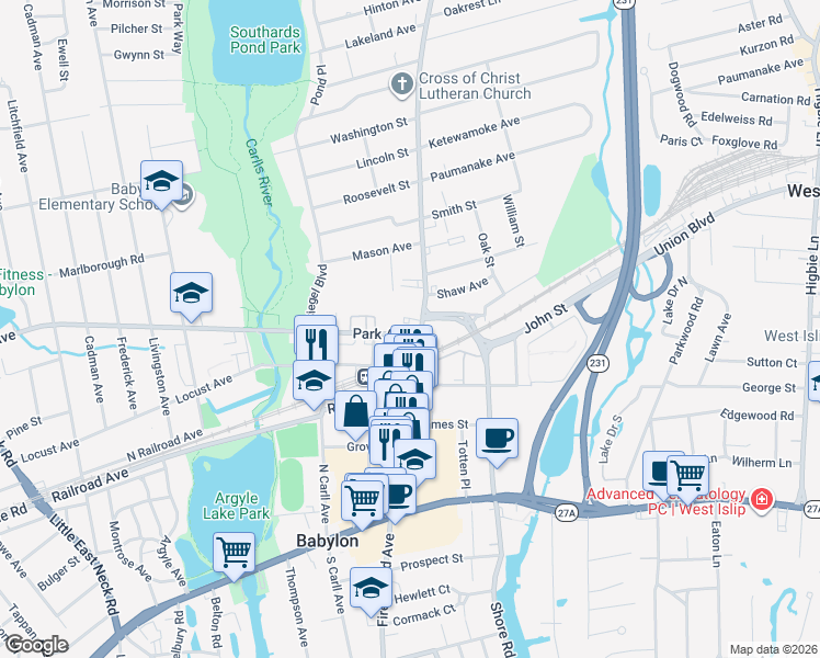 map of restaurants, bars, coffee shops, grocery stores, and more near 21 Park Avenue in Babylon