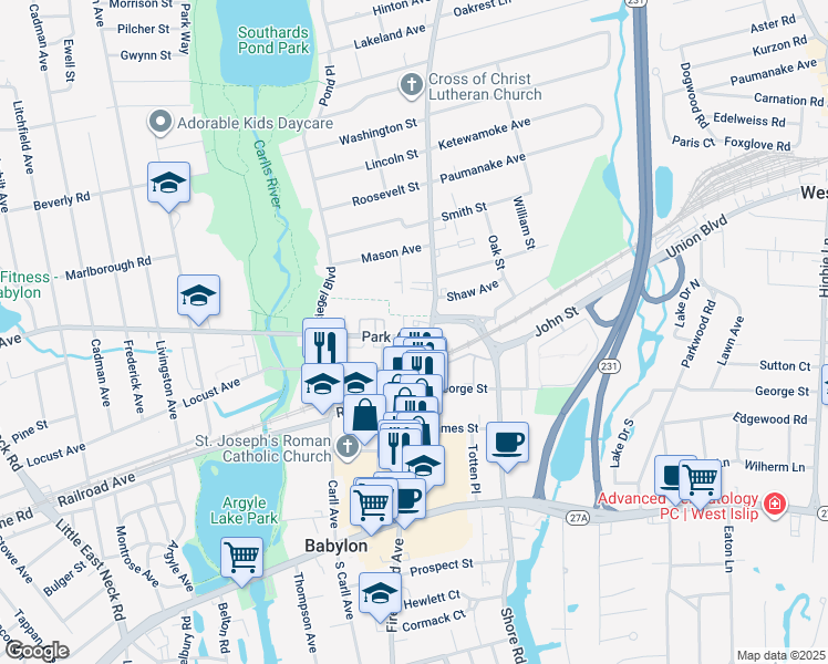 map of restaurants, bars, coffee shops, grocery stores, and more near 21 Park Avenue in Babylon
