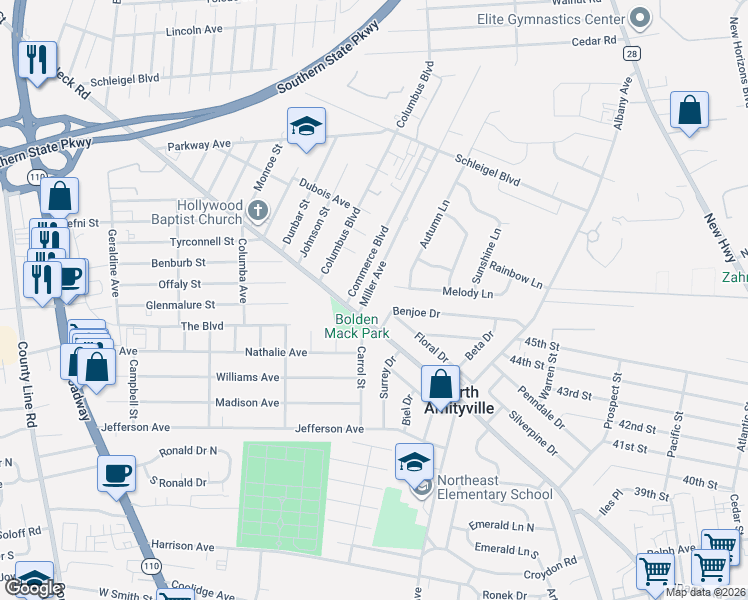 map of restaurants, bars, coffee shops, grocery stores, and more near 14 Miller Avenue in Amityville