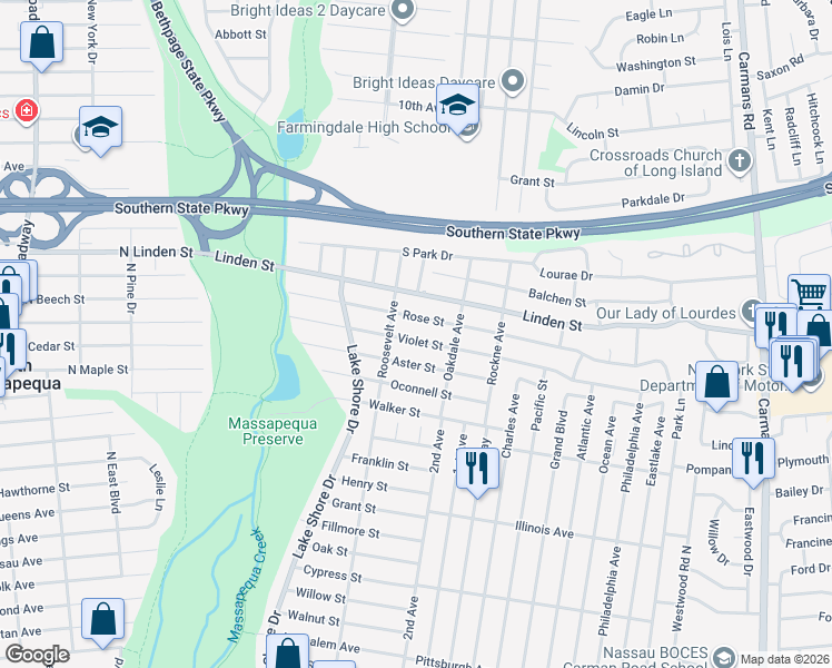 map of restaurants, bars, coffee shops, grocery stores, and more near 220 Rose Street in Massapequa Park